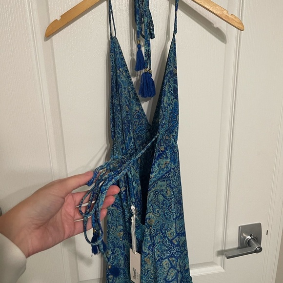 NEW KARMA HIGHWAY Printed Polyester Blue Green Halter Short Dress Tie Neck Back - Picture 8 of 8